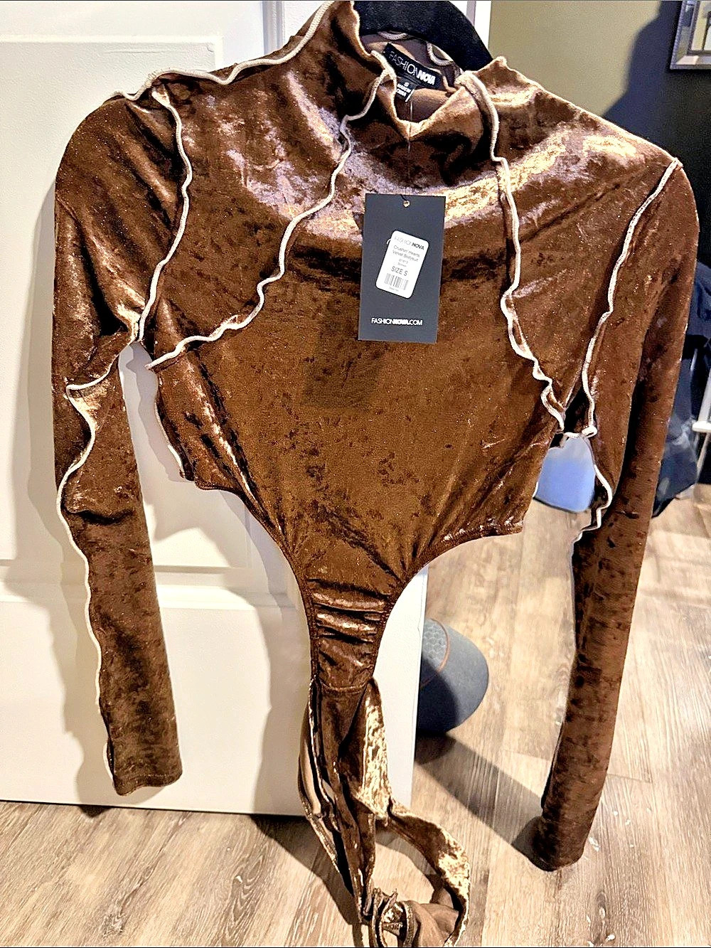 Fashion Nova Velvet Long Sleeve Bodysuit in Brown